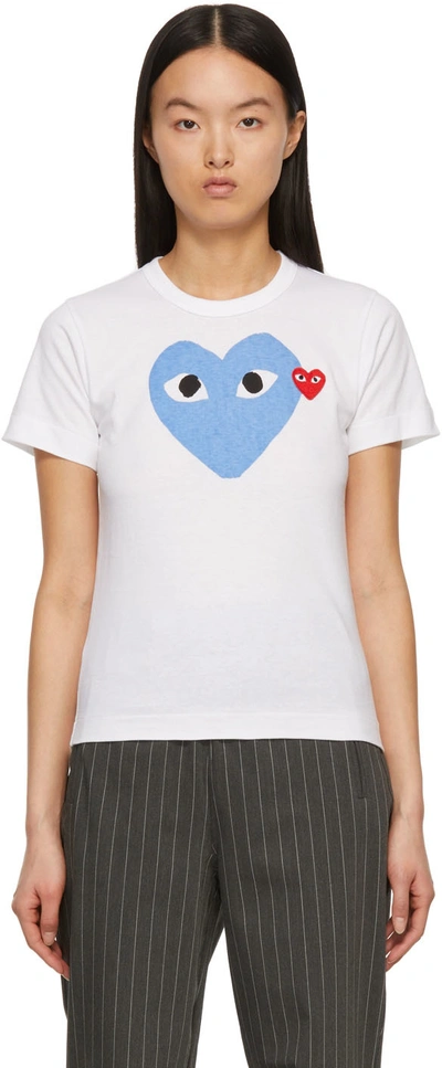 Shop Comme Des Garçons Play White & Blue Large Double Heart T-shirt