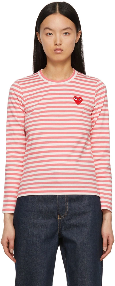 Shop Comme Des Garçons Play Pink & White Striped Heart Patch Long Sleeve T-shirt