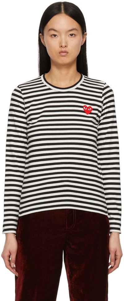 Shop Comme Des Garçons Play Black & White Striped Heart Patch Long Sleeve T-shirt In Black/white