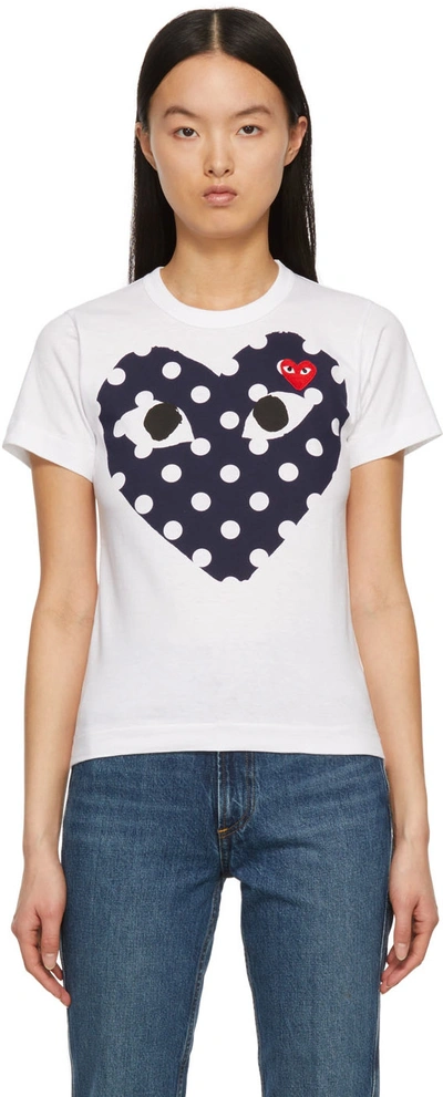 Shop Comme Des Garçons Play White Polka Dot Big Heart T-shirt In White/navy