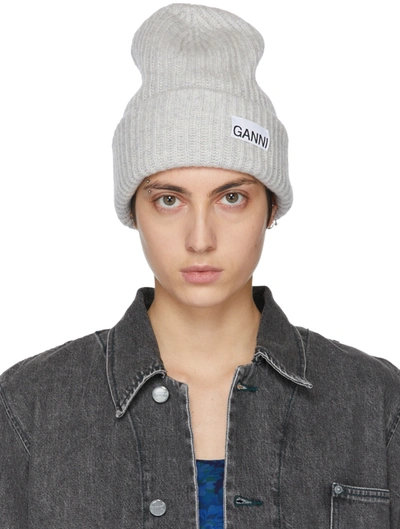 Shop Ganni Grey Recycled Rib Kit Beanie In 921 Paloma Melange