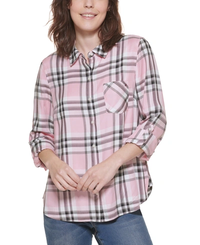 Shop Tommy Hilfiger Plaid Roll-sleeve Shirt In Taffy Pink