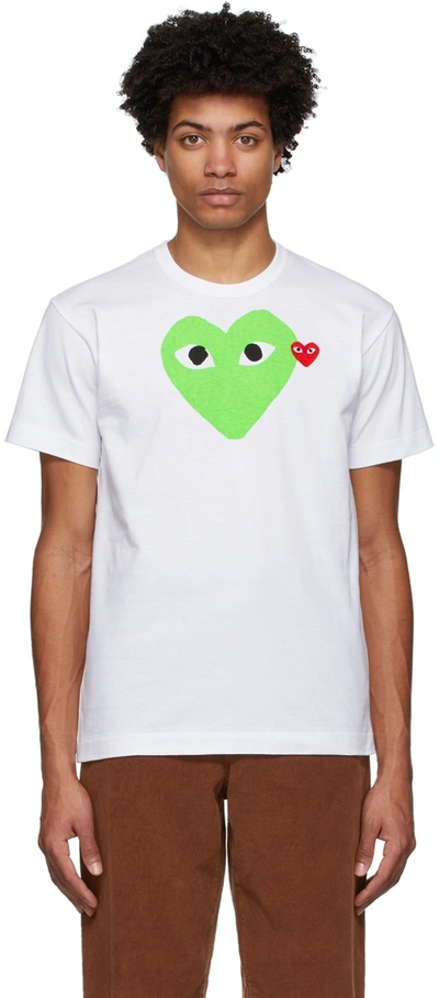 Shop Comme Des Garçons Play White & Green Big Heart T-shirt