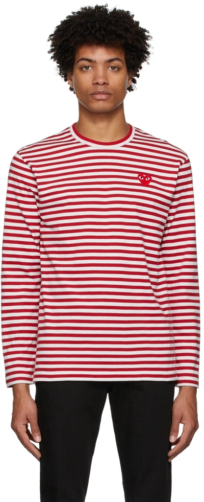 Shop Comme Des Garçons Play Red & White Striped Heart Patch Long Sleeve T-shirt In 4 Red