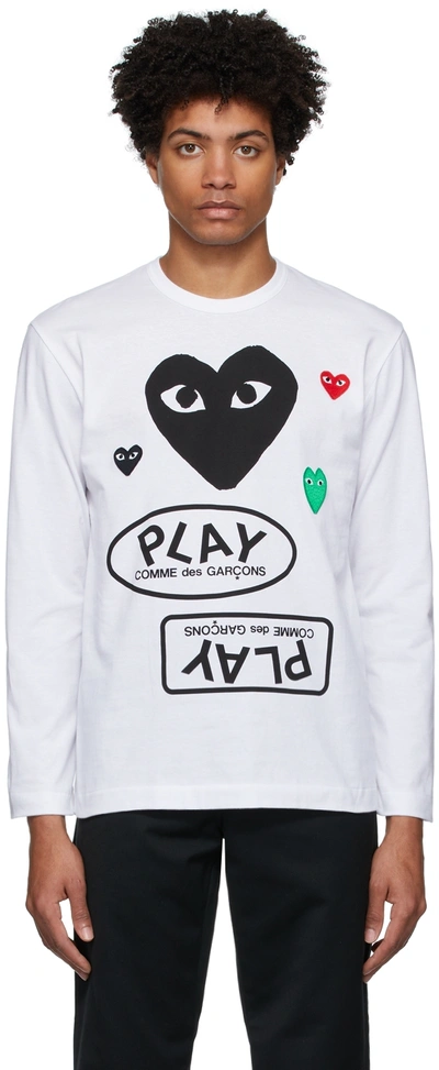 Shop Comme Des Garçons Play White & Black Multi Logo Long Sleeve T-shirt In 1 White/blk
