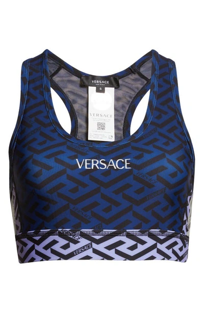 Shop Versace Greca Signature Sports Bra In Blue Navy Orchid Pineapple