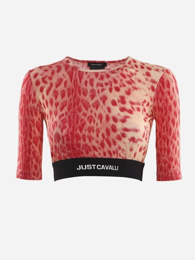 Shop Just Cavalli Stretch Fabric Top With All-over Animal Print In Cherry Variant