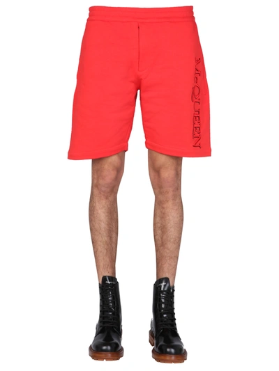 Shop Alexander Mcqueen Bermuda With Embroidered Logo In Rosso