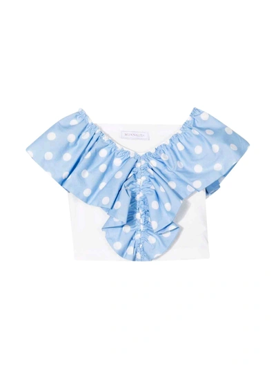 Shop Monnalisa White Top With Light Blue Rouches In Azzurro