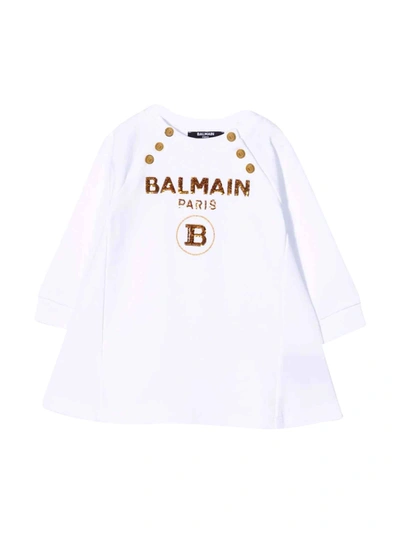 Shop Balmain White Dress With Gold Print In Bianco
