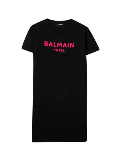 Shop Balmain T-shirt Dress With Print In Nero/fucsia