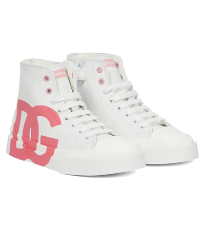 Shop Dolce & Gabbana High-top Leather Sneakers In Bianco/rosa