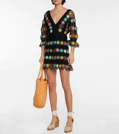 Shop Anna Kosturova Bouquet Crochet Cotton Minidress In Black/multi