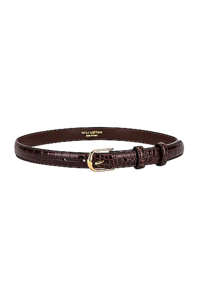 Shop Nili Lotan Jane Croc Belt In Dark Brown & Shiny Brass Buckle