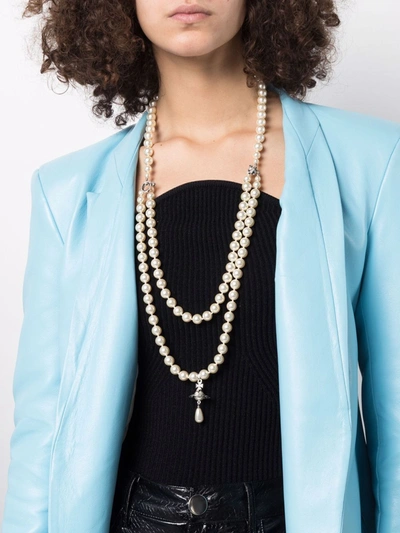 Vivienne Westwood Crystal Pearl Triple Strand Necklace In White
