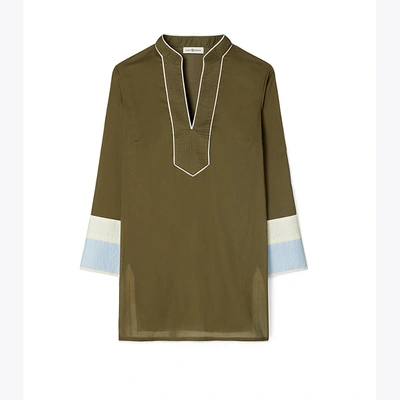 Shop Tory Burch Colorblocked Tunic In Winter Olive /french Cream /blue Mist