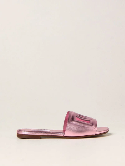 Shop Dolce & Gabbana Slide Sandals In Laminated Leather In Pink
