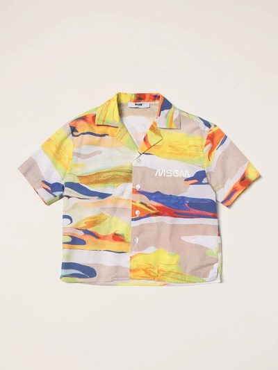Shop Msgm Cuban  Kids Shirt With Abstract Print In Beige