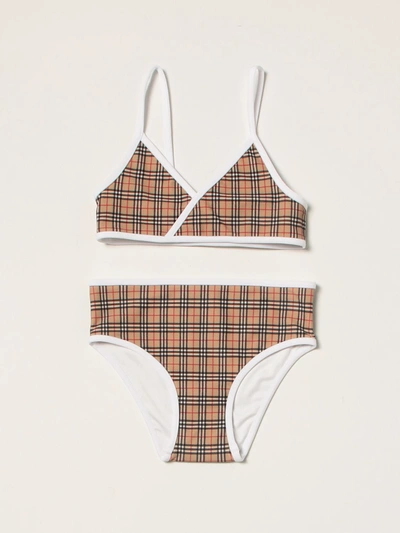 Shop Burberry Recycled Nylon Bikini With Tartan Pattern In Beige