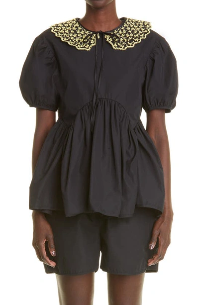 Shop Cecilie Bahnsen Mie Embroidered Collar Cotton Poplin Blouse In Black/ Yellow