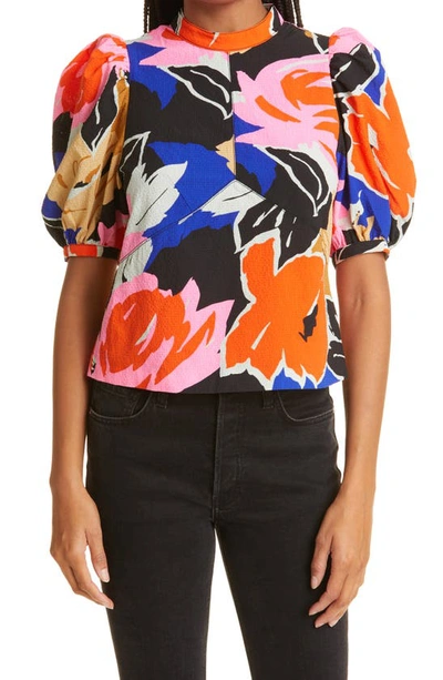 Ted Baker Azura Floral-print Puff-sleeve Woven Top In Black | ModeSens