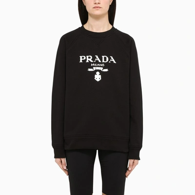 Shop Prada Black Crewneck Sweatshirt With Logo Embroidery