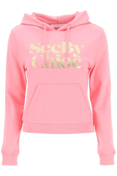 Shop See By Chloé Metallic Logo Hoodie In Pink,gold