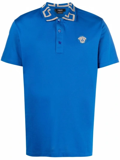 Shop Versace Greca Border Short-sleeve Polo Shirt In Blue