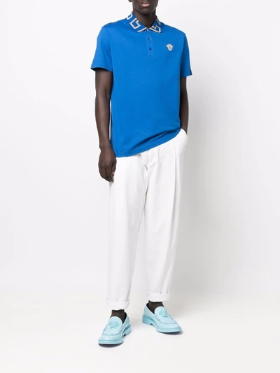 Shop Versace Greca Border Short-sleeve Polo Shirt In Blue