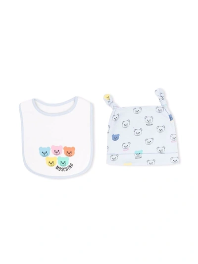 Moschino Teddy-bear Beanie And Bib Set In Blue