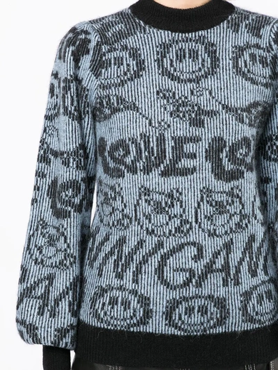 Shop Ganni Smiley-logo Intarsia-knit Jumper In Blue
