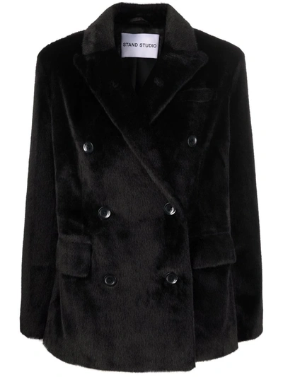 Shop Stand Studio Faux-fur Double-breasted Coat In Black