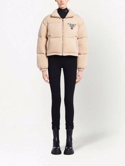 Prada Logo-detail Cashmere Padded Jacket In Neutrals