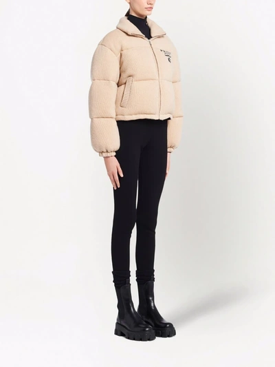 Prada Logo-detail Cashmere Padded Jacket In Neutrals