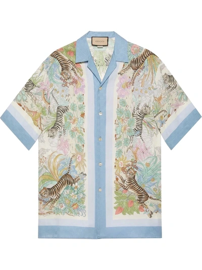 Gucci Lunar New Year Tiger And Flower Print Bowling Shirt In Blue | ModeSens