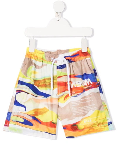 Shop Msgm Abstract-print Logo Swim Shorts In Neutrals