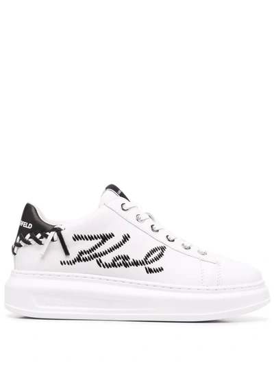 Shop Karl Lagerfeld Embroidered-logo Leather Sneakers In White