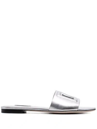 Shop Dolce & Gabbana Dg Logo Leather Slides In Silver