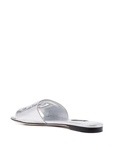 Shop Dolce & Gabbana Dg Logo Leather Slides In Silver