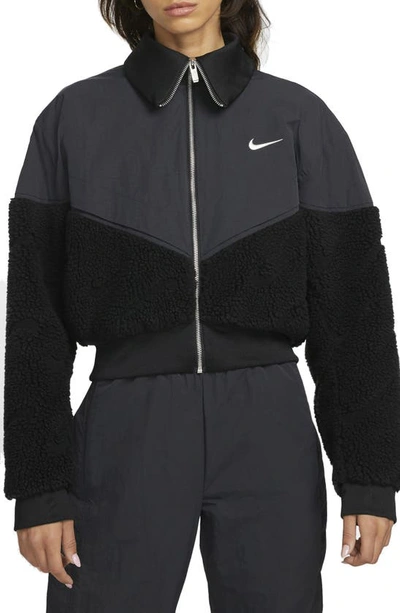 Shop Nike Crop Mixed Media Jacket In Black/ Black/ Black/ Sail