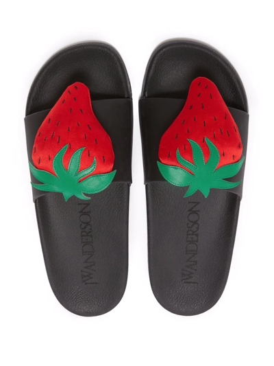 Jw Anderson Strawberry-motif Pool Slides In Black