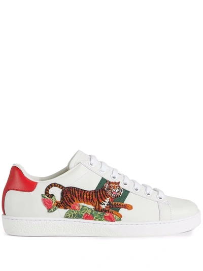 Gucci Ace Tiger-appliqué Leather Trainers In Green Multi | ModeSens