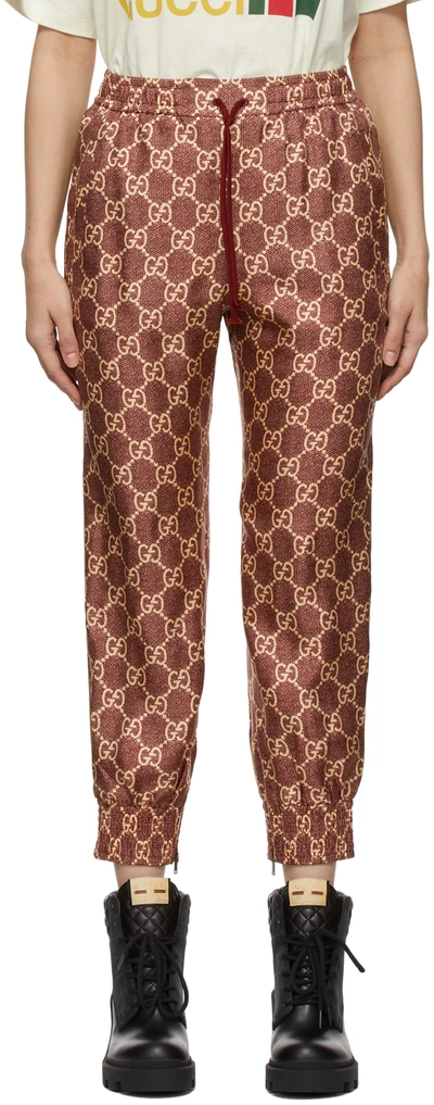 Gucci Burgundy Silk Gg Supreme Lounge Pants In Brown | ModeSens
