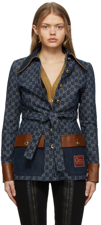 Shop Gucci Blue Denim Eco Washed Jacket In 4266 Dk Blue/ivory/m