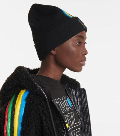 Shop Moncler Logo Striped Wool Beanie In Black