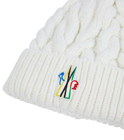 Shop Moncler Pompom Cable-knit Wool Beanie In White
