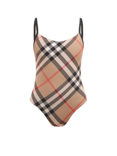 Shop Burberry Vintage Check Swimsuit In Beige