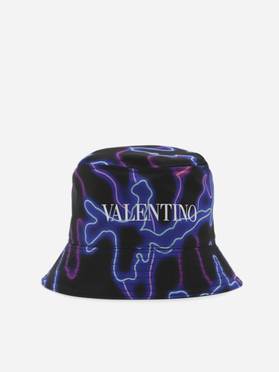 Shop Valentino Bucket Hat With All-over Neon Camou Print In Blue