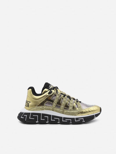 Shop Versace Trigreca Sneakers With Cut-out Detail In Gold