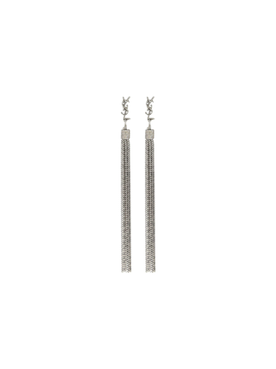 Saint Laurent Loulou Chain Tassel Earrings In Silver